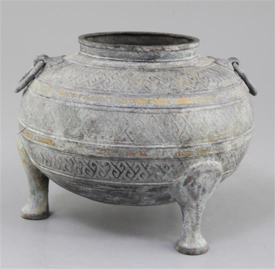 A Chinese archaic bronze steamer vessel base, Yan, Warring States period, c.5th century B.C., 16cm high, 20cm diameter (lacking top)